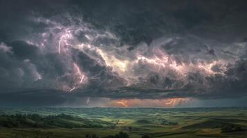 Dramatic Thunderstorm Over Rolling Hills with Striking Lightning and Ominous Clouds in a Rural Landscape photo