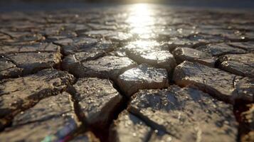 Dry Cracked Soil Surface with Sunlight Reflection over Parched Earth in a Desert Landscape Scenario photo