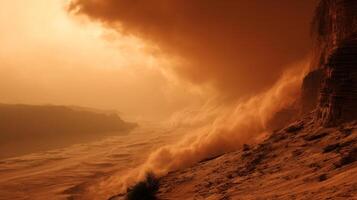 Dramatic Landscape of Desert Storm with Cloudy Sky and Eroded Cliffs at Sunset photo