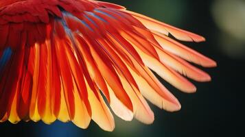 Bright parrot wings display stunning gradients of color in lush green surroundings under sunlight. photo