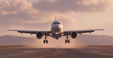 A cargo aircraft lifts off from an airport runway as the sun sets in the background. Dust swirls around the landing gear, highlighting the aircraft's ascent during a calm evening flight operation. photo
