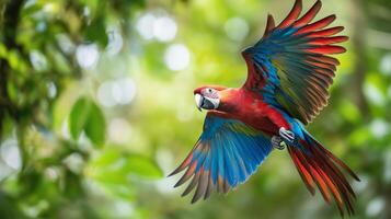 A colorful macaw soars through a green forest, showcasing its bright feathers in the sunlight. photo