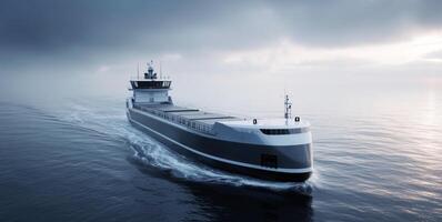 A modern cargo ship navigates through calm waters, showcasing its sleek design and state-of-the-art autopilot technology. photo