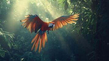 A vibrant macaw flaps its wings gracefully in a dense rainforest, illuminated by soft sunlight. photo