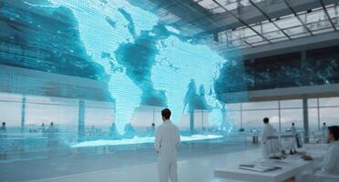 A team of engineers monitors a high-tech navigation system displaying a 3D world map in a state-of-the-art facility. The autopilot interface tracks cargo transport routes with real-time data. photo