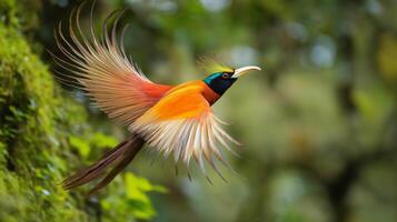 A bright bird flies through a dense forest, its colorful feathers contrasting with the green. photo