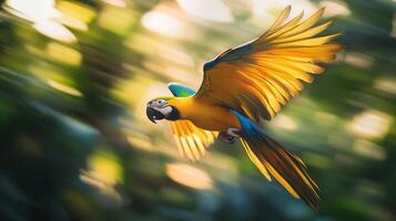 A colorful macaw flies gracefully among green trees in a sunlit tropical environment. photo
