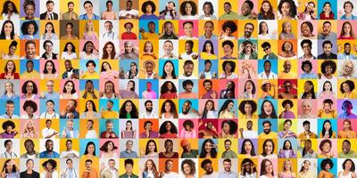 A collage of diverse individuals smiling and expressing themselves against colorful backgrounds. photo