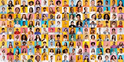 A lively collection showcasing a diverse group of individuals with varied backgrounds, all smiling and celebrating life against colorful backgrounds. photo