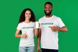 Female And Male Volunteers Showing Cellphone Blank Screen Gesturing Thumbs Up And Pointing Finger On Phone Standing On Green Studio Background, Smiling To Camera. Charity App Concept. Mockup photo