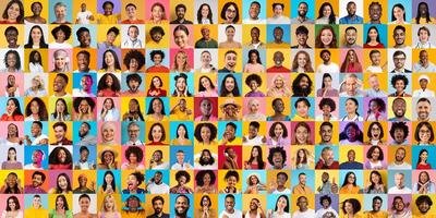 A vibrant collection features diverse individuals showcasing a range of emotions including joy and excitement. photo