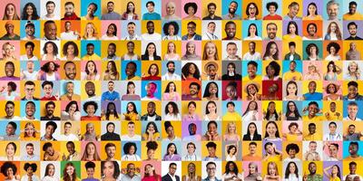 A colorful collection of portraits showcasing people from various backgrounds, representing different lifestyles and cultures. Each face expresses uniqueness and diversity in style and appearance. photo