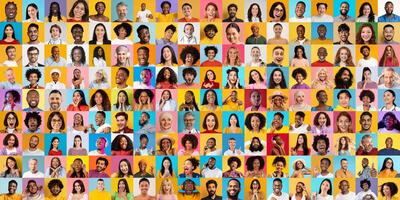 A vibrant collage captures the essence of diverse individuals from various backgrounds. Each person radiates joy and individuality, showcasing a rich tapestry of humanity in a colorful setting. photo