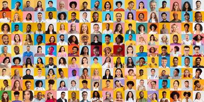 A vibrant collection of diverse individuals' faces highlights the beauty of diversity. Each portrait reflects unique stories, lifestyles, and backgrounds, celebrating global unity. photo