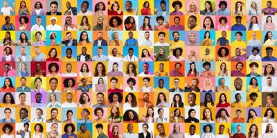A vibrant collage displays a diverse array of individuals from various backgrounds. Each portrait highlights unique faces and expressions, capturing the essence of global lifestyle and culture. photo