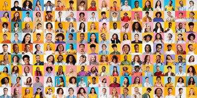 This collage showcases a vibrant collection of faces from various backgrounds, highlighting different expressions and emotions that convey joy, unity, and diversity in lifestyle. photo