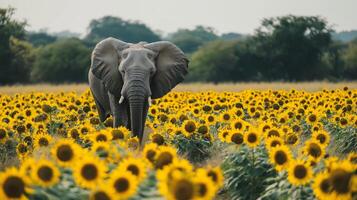 A large elephant walks through a sunny field of blooming sunflowers, enjoying the warmth. photo
