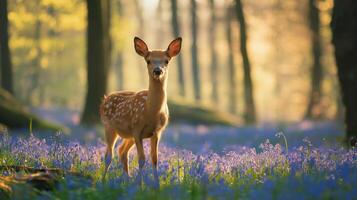 A young deer stands among bluebells in a serene forest at sunset, evoking tranquility. photo