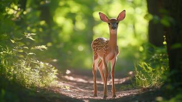 A fawn appears on a sunlit path in the forest, surrounded by lush greenery and soft light. photo