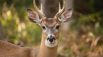 A deer with antlers observes its surroundings in a dense wooded area during daylight hours. photo