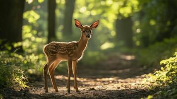 A young fawn stands on a dirt path in a wooded area, basking in the gentle morning light. photo