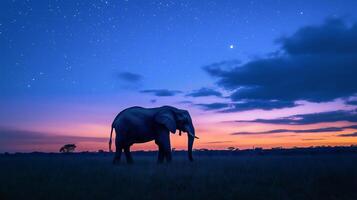 An elephant stands alone in a serene landscape as the sun sets, creating a beautiful silhouette. photo