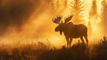 A moose appears in a misty forest during sunrise, surrounded by warm golden light and trees. photo