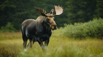 A large moose walks gracefully in a green meadow while experiencing light rain in nature. photo