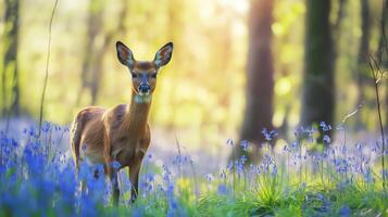 A deer is poised among colorful bluebells in a tranquil forest, basking in the warm sunlight. photo