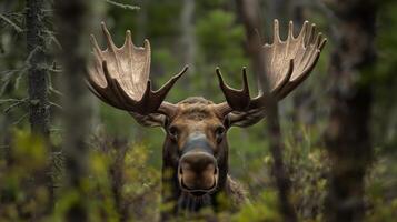 A large moose gazes directly at the viewer while surrounded by vibrant forest foliage. photo