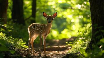 A young fawn stands quietly on a woodland path, surrounded by vibrant green trees and gentle light. photo