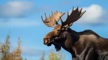 A large moose poses with its impressive antlers under a bright blue sky in autumn. photo