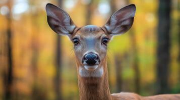 A deer gazes into the camera, surrounded by colorful autumn foliage and sunlight filtering through. photo