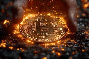 Glowing Bitcoin in Hand Amid Fiery Embers Cryptocurrency Power and Risk Concept photo