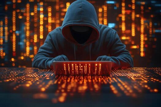 anónimo hacker en oscuro habitación con digital código antecedentes foto