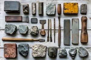 Rustic Tools and Stone Collection on Wooden Surface for Vintage Decor and Design Inspirations photo