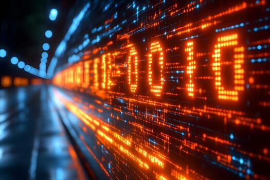 Abstract Digital Binary Code Stream with Glowing LED Lines in Blue and Orange photo