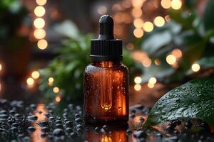 Aromatherapy Essential Oil Bottle with Dewdrops and Bokeh Lights for Spa and Wellness Design photo