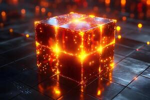Glowing Futuristic Cube on Digital Grid - Sci-Fi Concept for Technology Theme photo