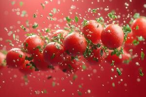 Fresh Cherry Tomatoes with Herbs Against Vibrant Red Backdrop for Culinary Design photo