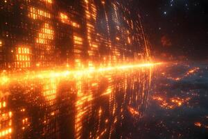 Futuristic Digital Matrix with Cosmic Binary Code and Fiery Glow for Technology Design photo
