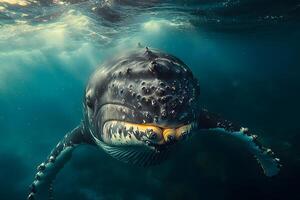 Majestic Underwater Encounter with a Humpback Whale in Deep Ocean photo