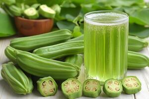 Fresh and Nutritious Okra Smoothie with Sliced Pods for a Healthy Drink Concept photo