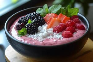 Berry Smoothie Bowl with Fresh Blackberries, Strawberries, and Raspberries photo