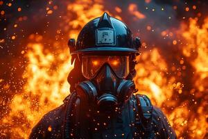 Brave Firefighter Battling Intense Blaze in Protective Gear for Emergency Response Imagery photo