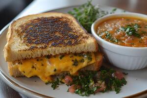Gourmet Grilled Cheese and Tomato Soup with Fresh Herbs and Salsa photo