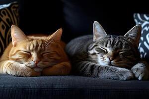 Peaceful Cats Sleeping on Couch in Cozy Home Setting photo
