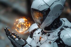 Futuristic Robot Interacting with Glowing Orb in Technology Concept photo