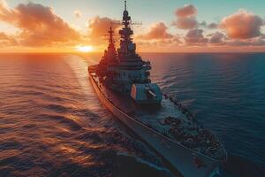 Majestic Battleship at Sunset Navigating Tranquil Seas - Maritime Adventure and Exploration photo