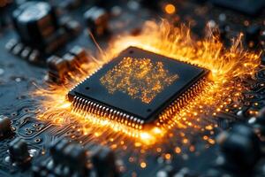 Innovative Technology Concept Microchip with Futuristic Fiery Glow for Tech Designs photo